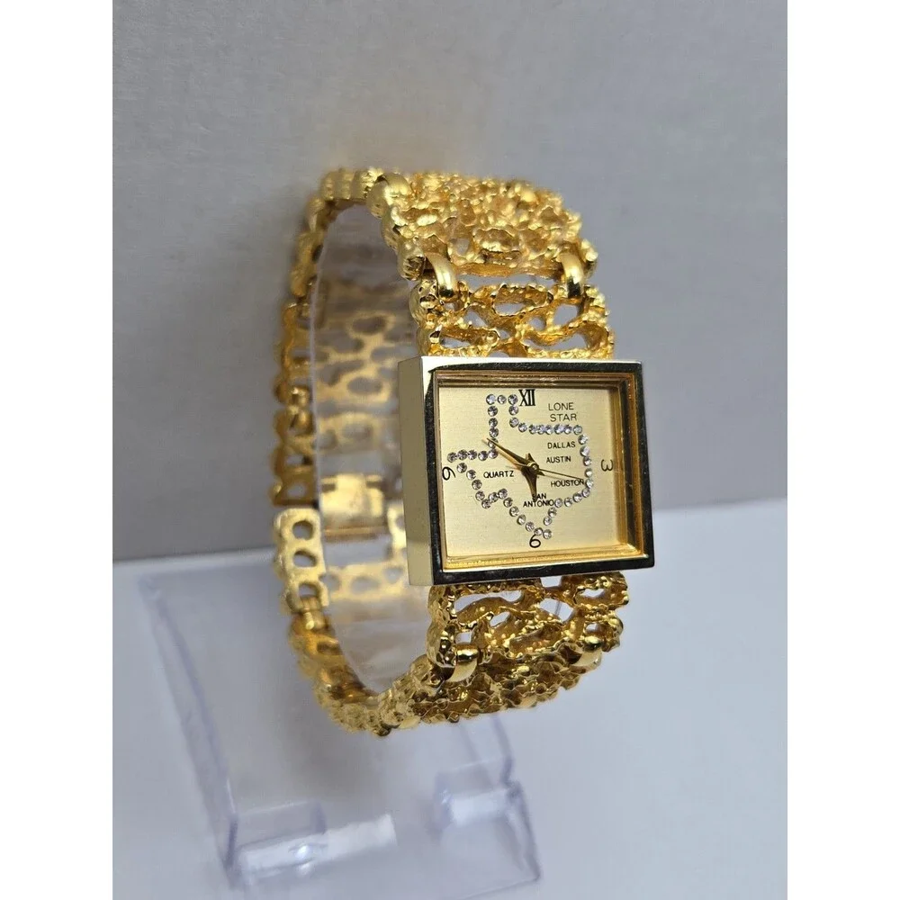 Lone Star Texas Rhinestone Map Quartz Gold Tone Nugget Watch Western New Battery